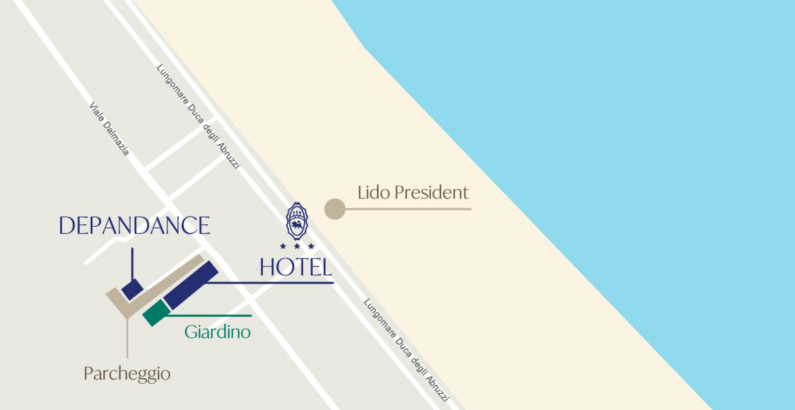 Hotel map with private beach, parking, and garden.
